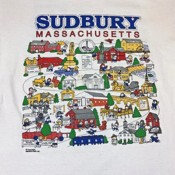 Vintage Sudbury Massachusetts Cartoon Town Americas Best Screen Stars T-Shirt - Picture 3 of 14